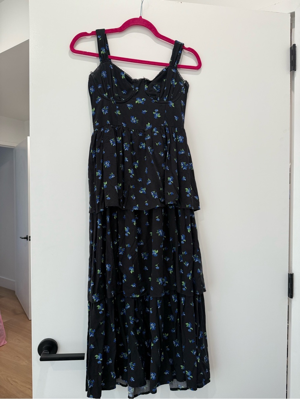 We wore what Black Floral Tiered Maxi Dress - Blue Flower Print